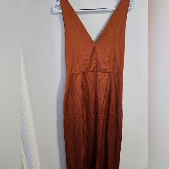 Abercrombie&Fitch Satin Cut Out V neck Ruched Rust Orange Wrap Midi  Dress L - Picture 3 of 6